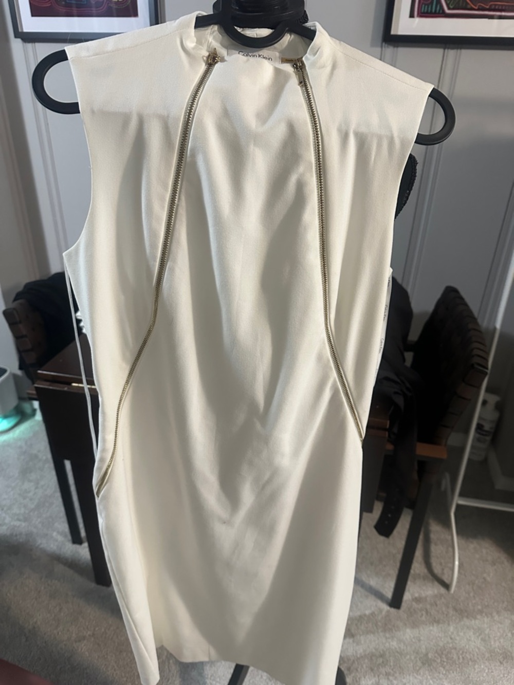 Calvin Klein Cream Sleeveless Midi Dress with Silver Zipper Detail
